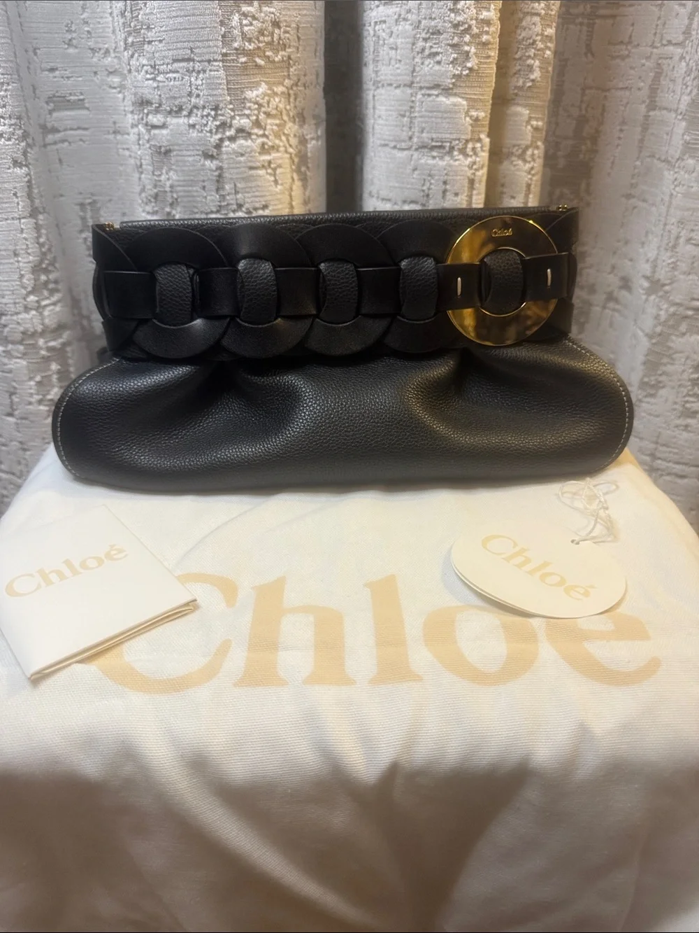 Chloé Black Pebbled Leather Clutch with Gold Disc Accent BRAND NEW with tags